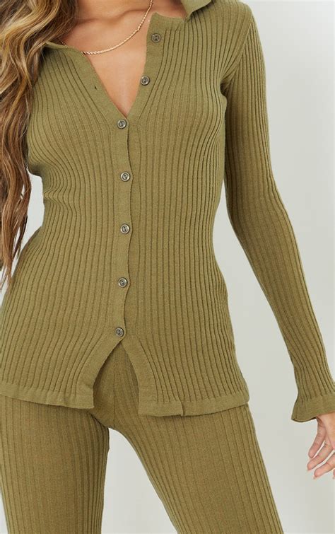 Khaki Ribbed Knitted Long Sleeve Cardigan Prettylittlething Usa
