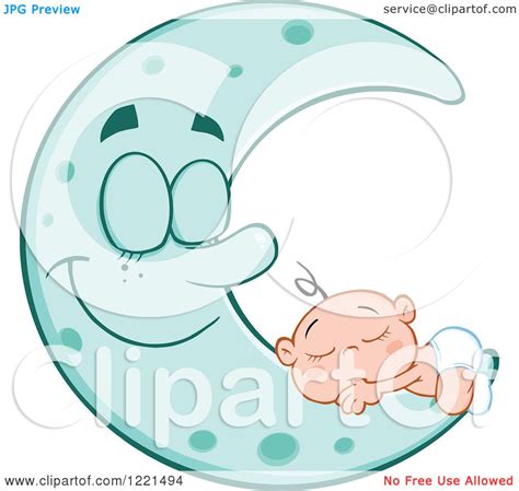 Clipart Of A Caucasian Baby Sleeping On A Happy Blue Crescent Moon