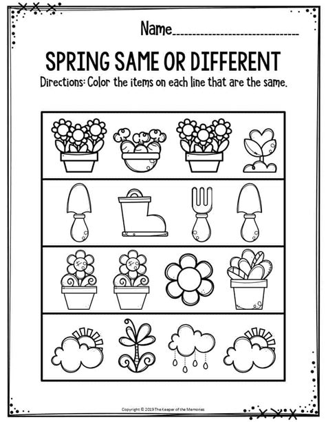 Preschool Worksheets Spring Same Or Different The Keeper Of The Memories
