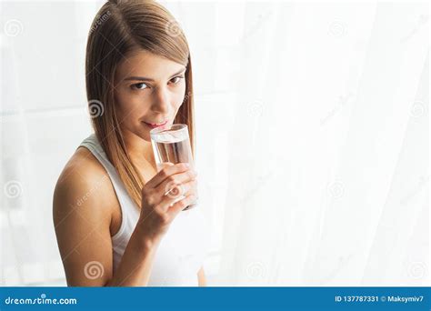 Healthy Lifestyle Close Up Portrait Of Young Woman Drinking Refreshing