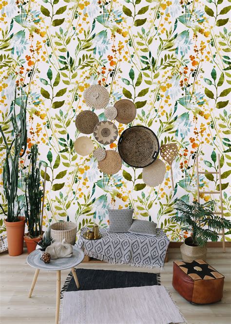 Hand Drawn Boho Spring Leaves Removable Wallpaper Peel And Stick