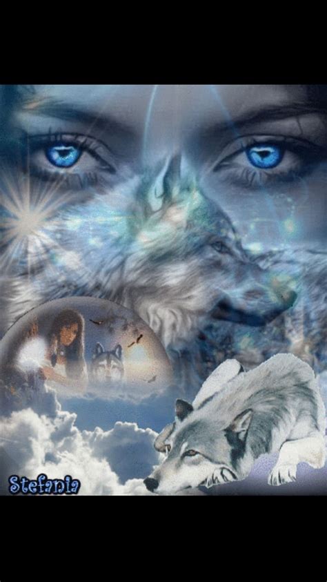 A Womans Face With Blue Eyes And Two Wolfs