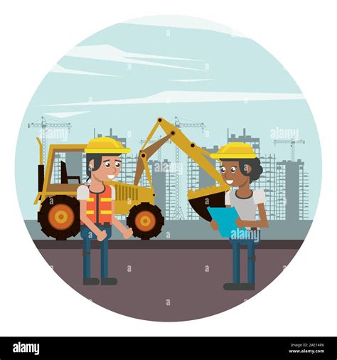 Men Builders Working Under Construction Scene Stock Vector Image And Art