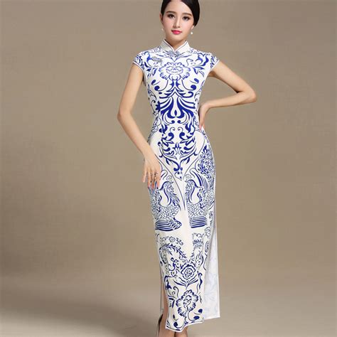 Wonderful Blue Print Long Qipao Cheongsam Dress Qipao Cheongsam And Dresses Women