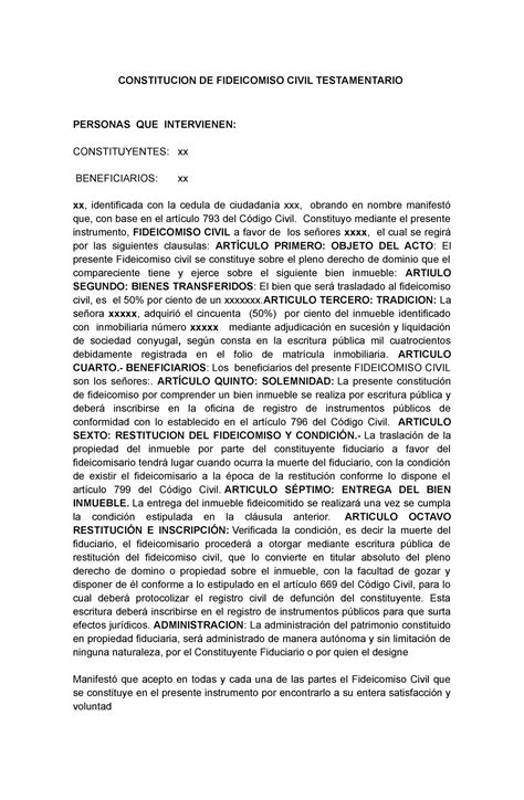 Fidecomiso Isabel Contrato CONSTITUCION DE FIDEICOMISO CIVIL