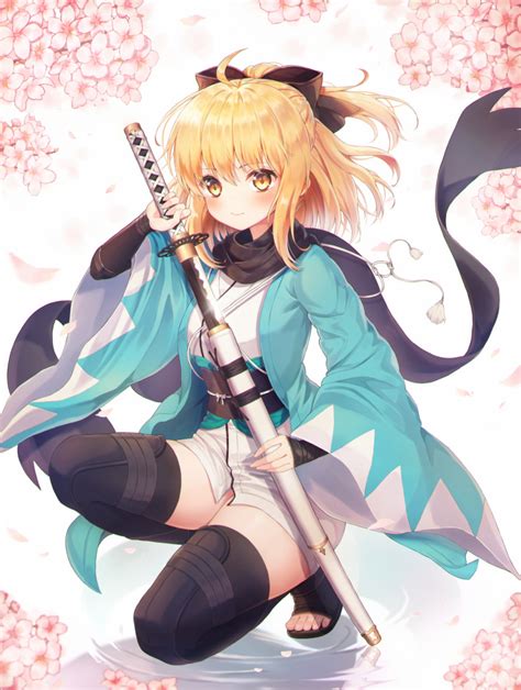 safebooru 1girl absurdres arm guards bangs black legwear black scarf blonde hair blush bow