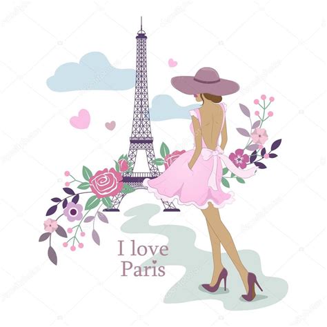 I Love Paris Image Of The Eiffel Tower And Women Vector Illustration