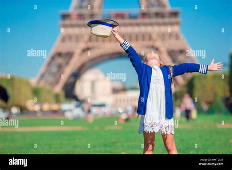 Adorable Happy Little Girl In Paris Background The Eiffel Tower During