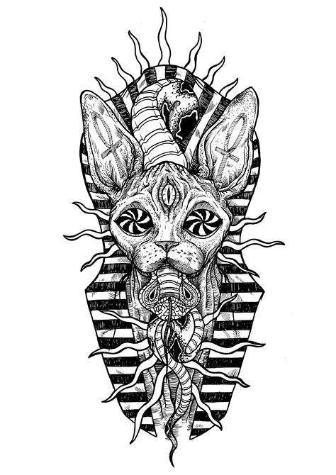 Sphinx Cat Blackwork Tattoo Illustration Long Sleeve White Sphinx