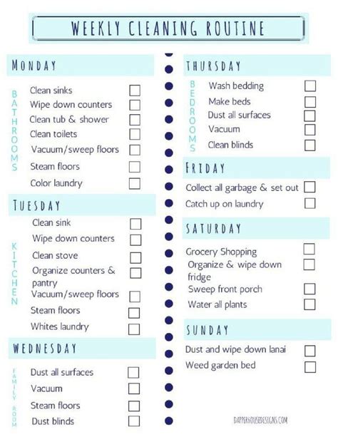 Weekly Cleaning Schedule — House By The Preserve 1000 Weekly