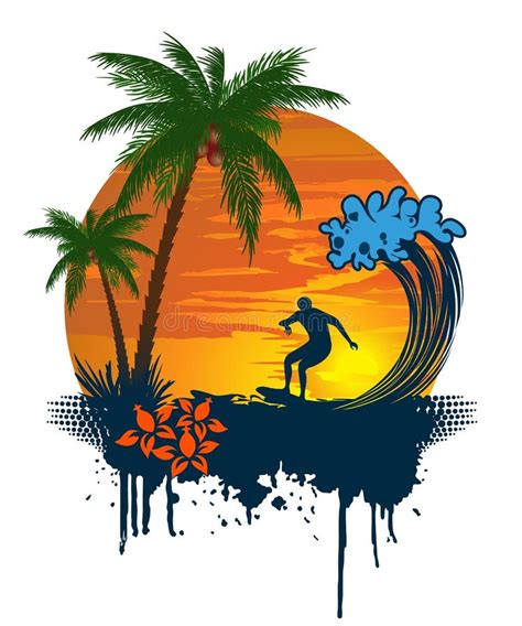 Silhouette Of Palm And Surfer On Tropical Sunset Stock Vector