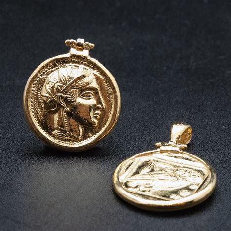 Greek Gold Coin Necklace With Goddess Athena Ancient Greece Coin Mens