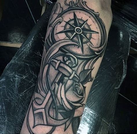 Anchor And Compass Nautical Mens Shaded Black And Grey Arm Tattoo