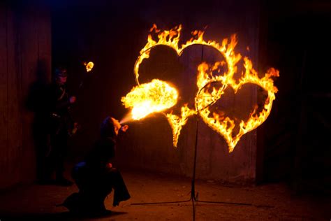 Fire Performer Lighting Two Flaming Hearts Stock Photo Download Image