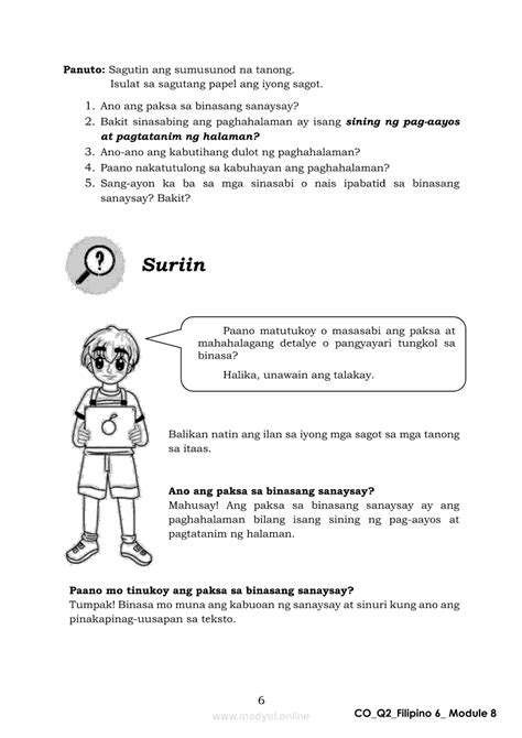 Filipino 6 Ikalawang Markahan Modyul 8 Pagsasabi Ng Paksa O