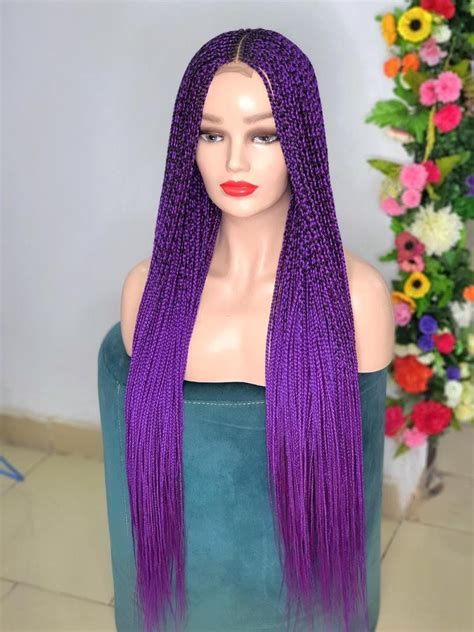 Braided Wig Closure Long Purple Box Braid Wig Wigs For Black Etsy