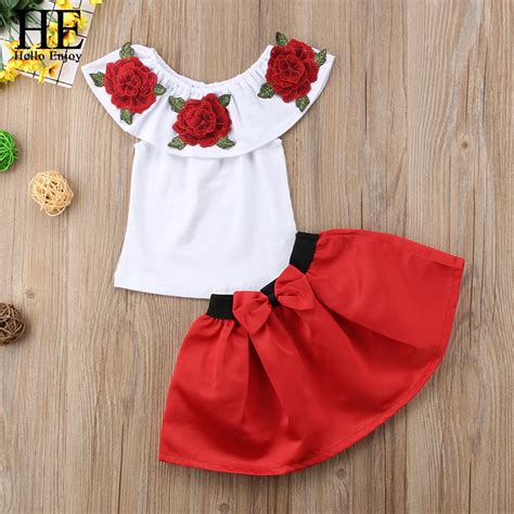 He Hello Enjoy Girls Clothes Set Embroidery Floral Topsred Bow Shorts
