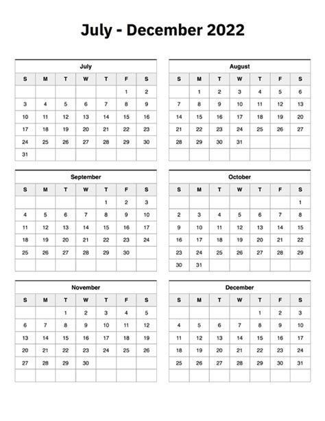 July To December 2022 Calendar A Printable Calendar