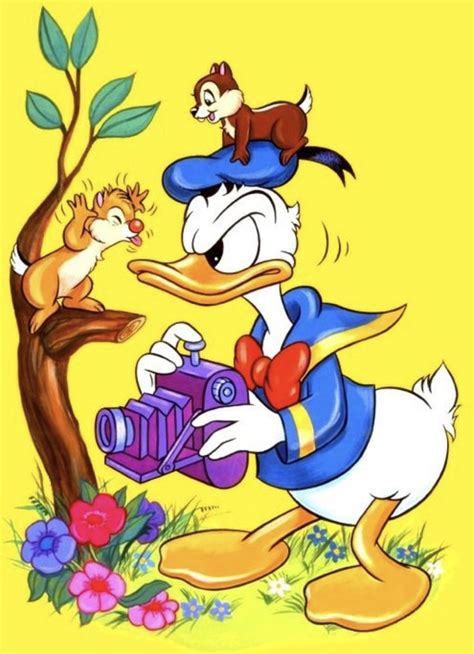 Donald Duck Is Holding A Camera In Front Of A Tree And Another Bird On