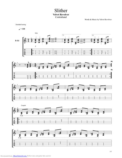 Slow down, loop, solo mode, playing along mode. Slither guitar pro tab by Velvet Revolver @ musicnoteslib.com