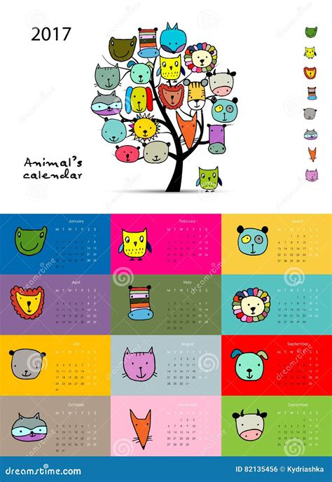 Funny Animals Calendar 2017 Design Stock Vector Illustration Of