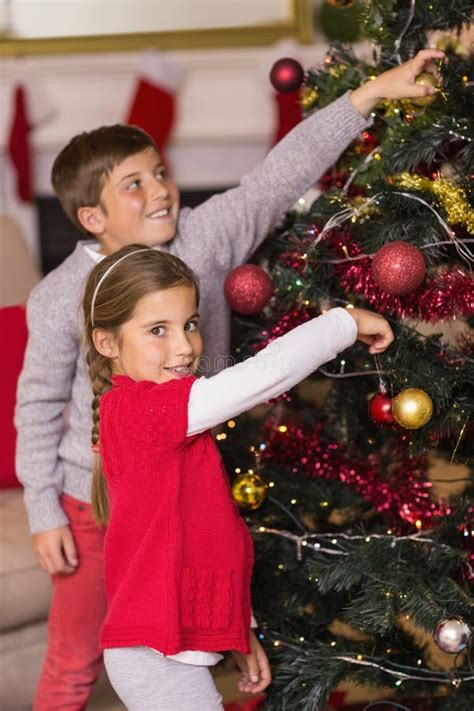 Smiling Brother And Sister Decorating The Christmas Tree Stock Photo