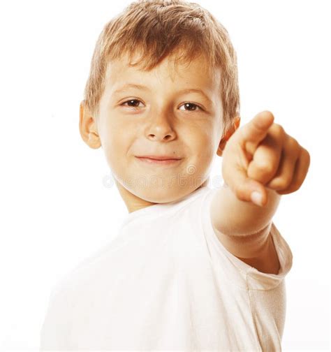 Little Cute White Boy Pointing In Studio Isolated Close Up Stock Photo