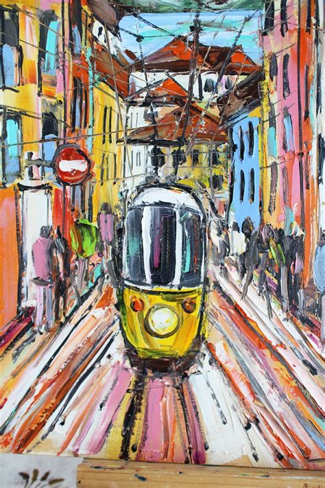 Tram Portugal Lisbon Oil Painting Original Framed Cityscape Etsy