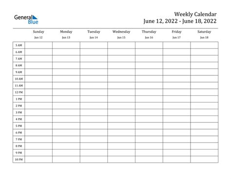 Weekly Calendar June 12 2022 To June 18 2022 Pdf Word Excel