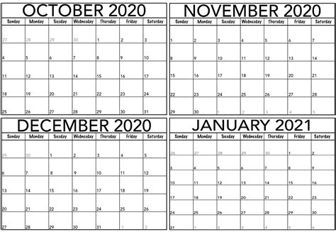 Best 4 Month Calendar 2021 October To January Get Your Calendar Printable