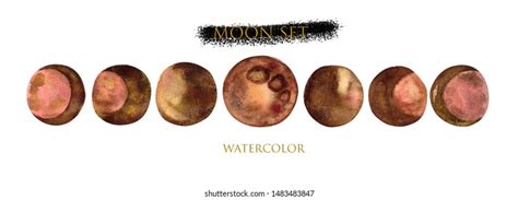Watercolor Illustration Various Moon Phases Isolated Stock Illustration