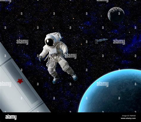 An Astronaut Floating In Space Near Planet And Ship Stock Photo Alamy