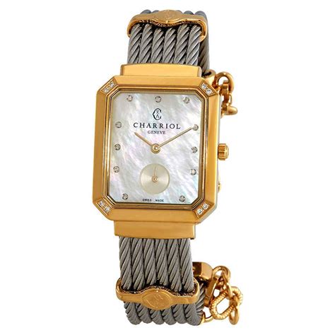 charriol charriol women s diamond steel bracelet gold plated case swiss quartz mop dial watch