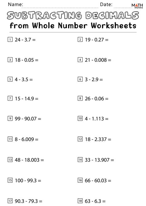 Subtracting Decimals Worksheets Math Monks