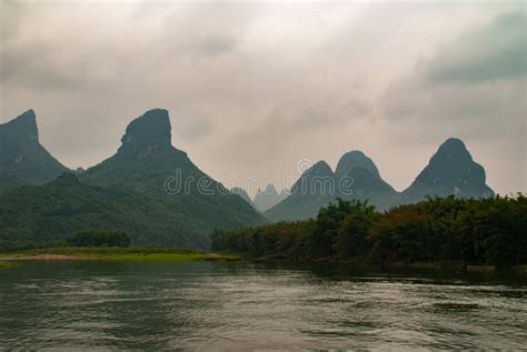 Many Karst Mountain Peaks Along Li River In Guilin China Stock Image