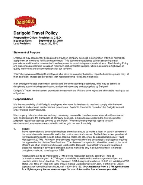 Sample Travel Policy For Employees The Document Template