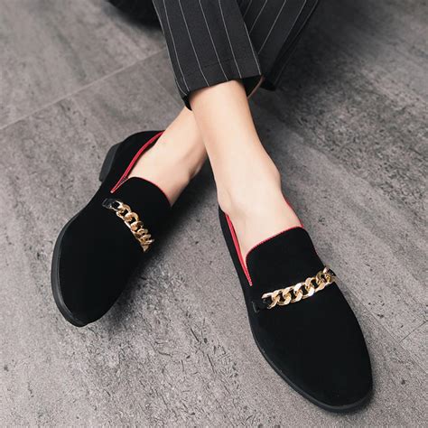 Black Suede Gold Chain Mens Loafers Prom Flats Dress Shoes