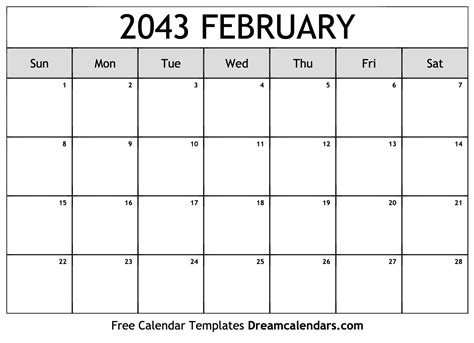 February 2043 Calendar Free Printable With Holidays And Observances