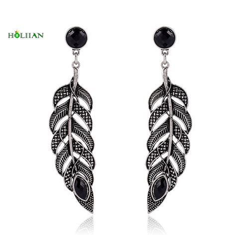Black Color Crystal Peacock Feather Dangle Earrings Ethnic Bohemian Stone Drop Tribal Jewelry