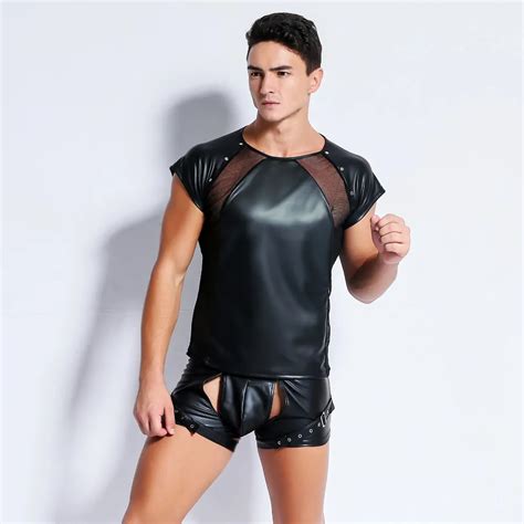 Men See Through Mesh Patchwork Tees Tight Shirts Elastic Paint Faux