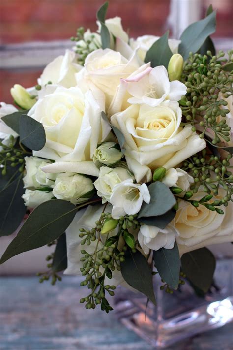 All White Rose Bridal Bouquet Bride Wedding Seeded Eucalyptus Freesia