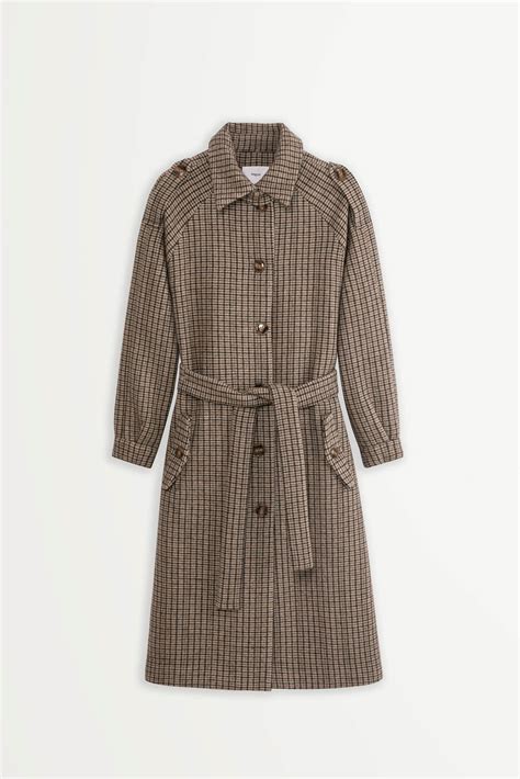 Houndstooth Pattern Wool Belted Long Coat Suncoo