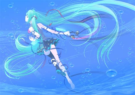 Aqua Hair Hata Hata Hatsune Miku Headphones Long Hair Twintails Underwater Vocaloid Water