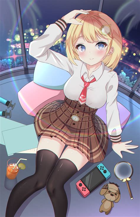 safebooru 1girl arm support bangs black legwear blonde hair blue eyes blush breasts brown