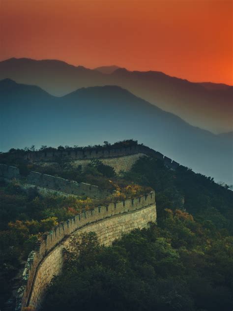 Great Wall Of China 4k Wallpaper Sunset Orange Sky