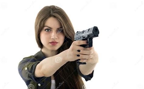 Beautiful Woman Holding A Gun On White Background Stock Photo Image
