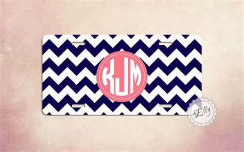 Monogram License Plate Navy Blue Chevron And Coral Personalized
