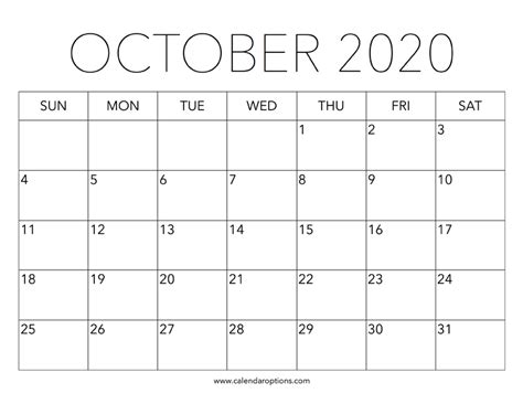 Printable October 2020 Calendar Calendar Options
