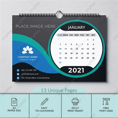Gambar Desain Template Kalender Dinding 2021 Dengan Warna Biru Hitam
