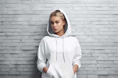 Premium Ai Image A Woman In A White Hoodie Stands In Front Of A Brick